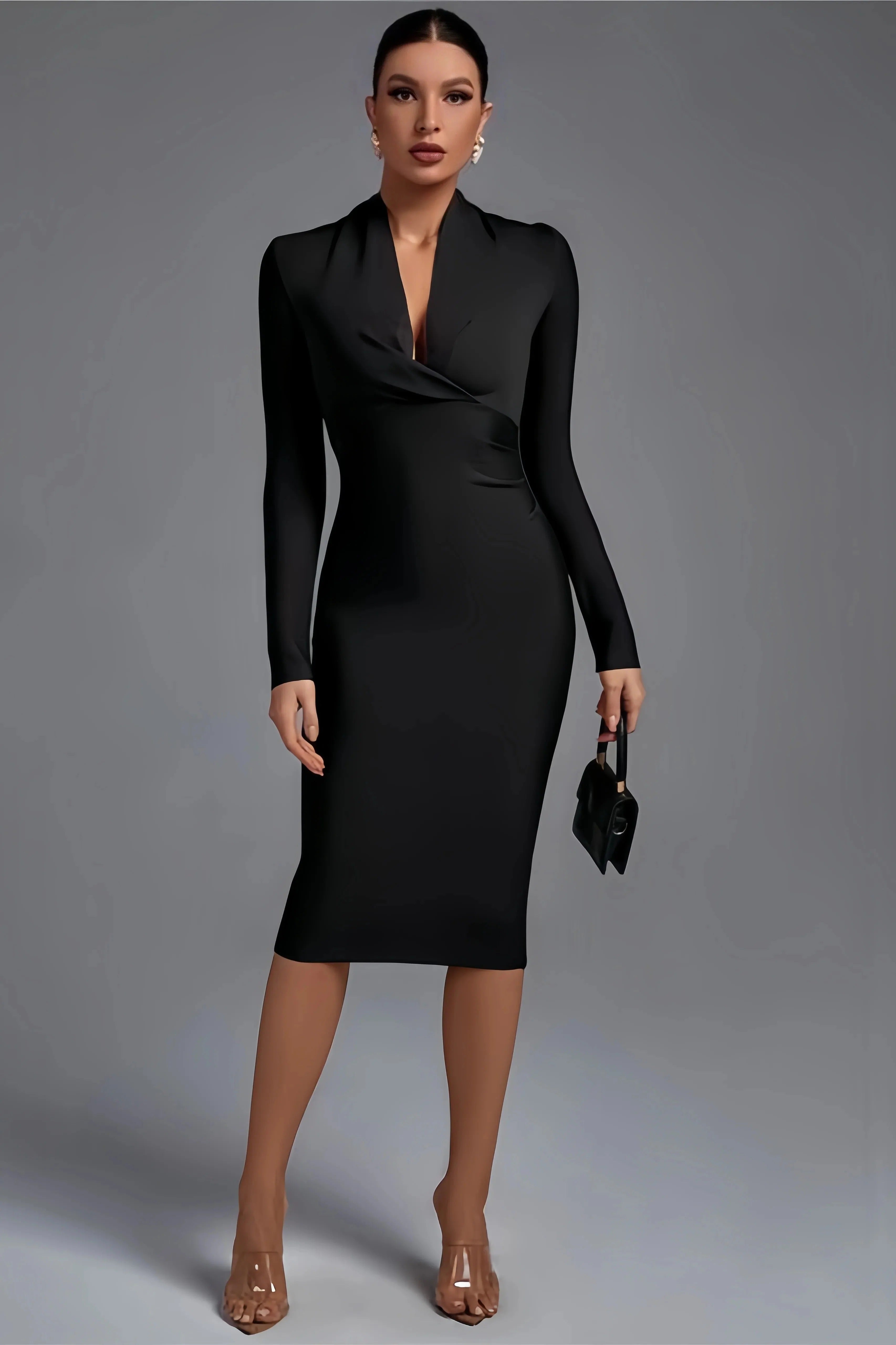 Midi Portefeuille Kjole i Sort til Kvinder | Ideel til Møder og Aftensudflugter