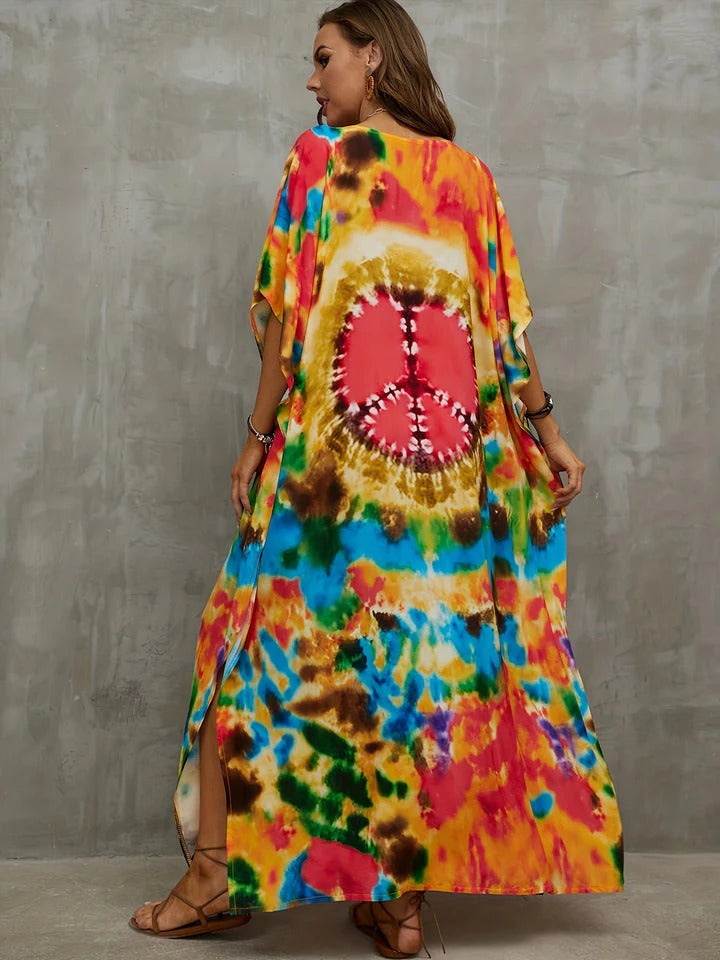 Lang Farverig Kaftan med Peace Mønster til Kvinder | Ideel til Sommeren