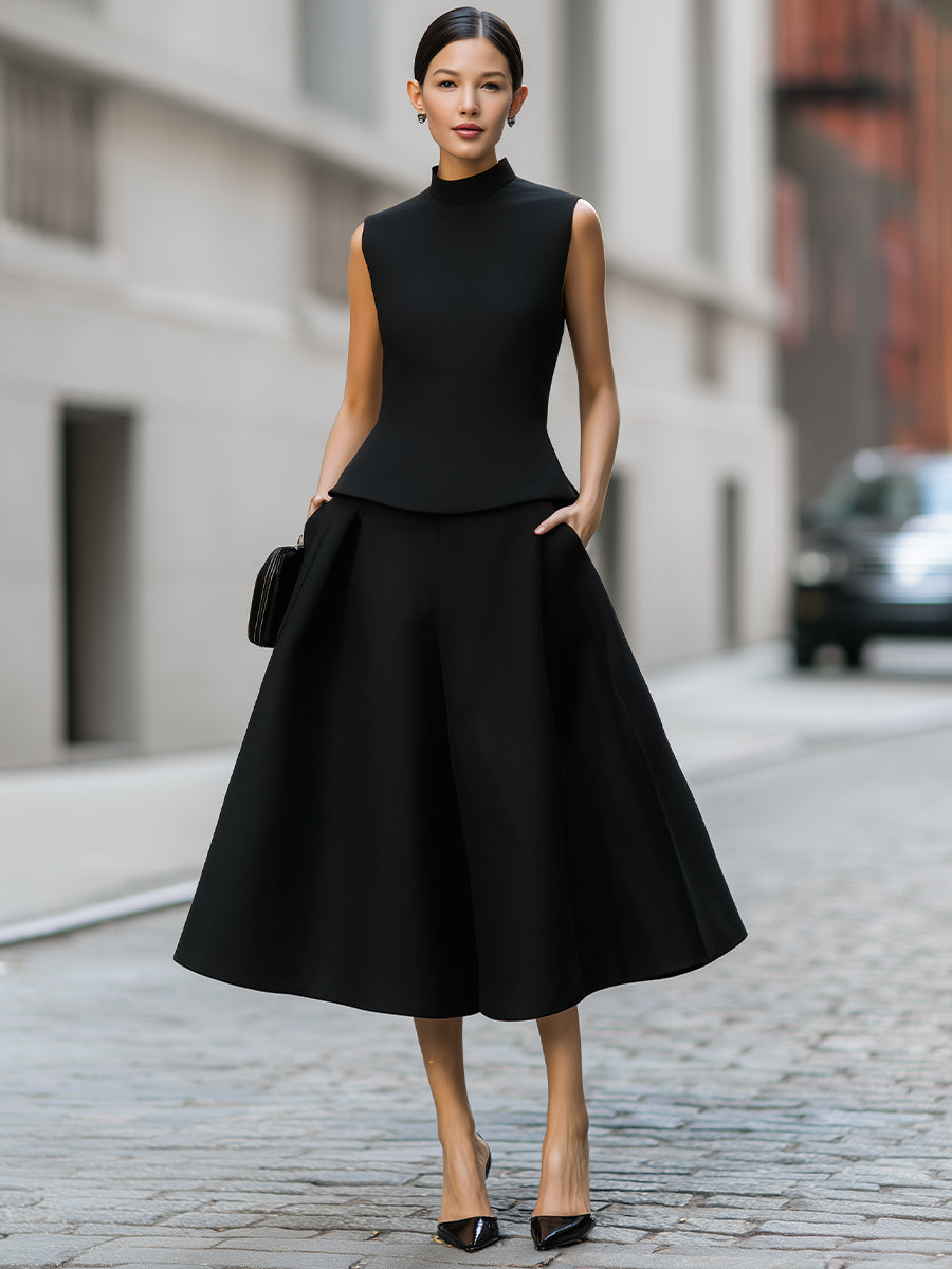 Ærmeløs Mock Neck Top Og A-Line Midi Nederdel Sæt