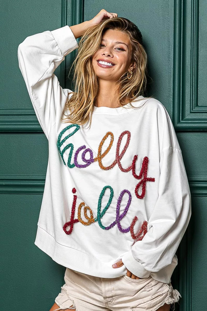 Hvid “Holly Jolly” Paillet Skrift Jul Sweatshirt