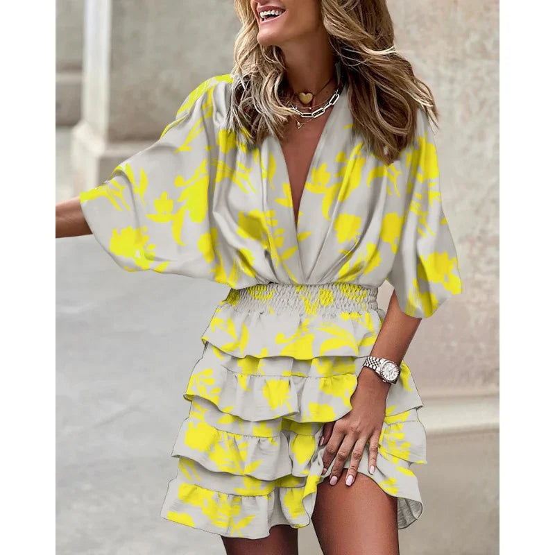 Kortærmet Kjole med V-hals og Elastisk Talje til Kvinder | Ideel til Sommeren