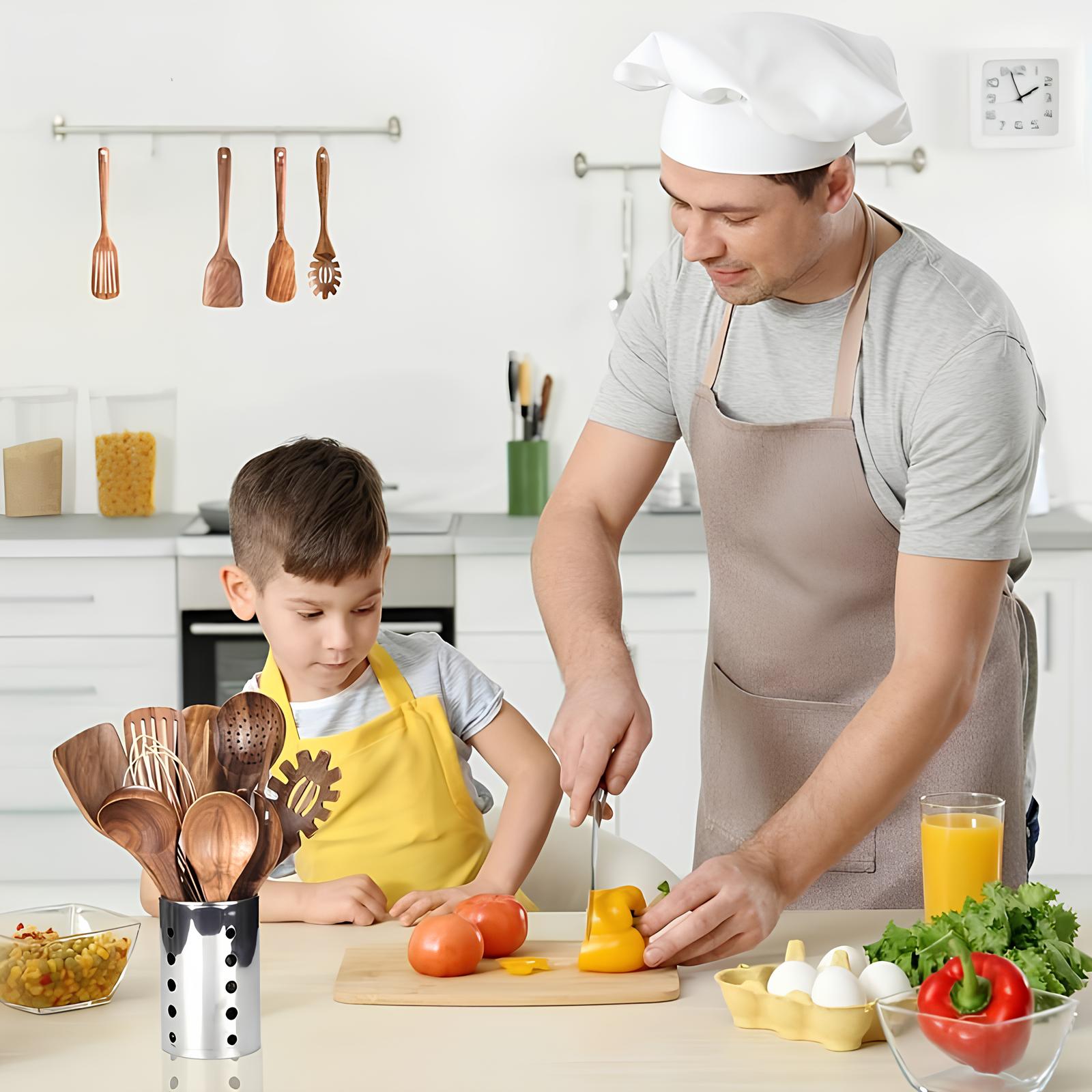 11-delt Køkkenredskabs Sæt i Teaktræ – Inkluderer Holder – Naturligt Udseende til Køkkenet