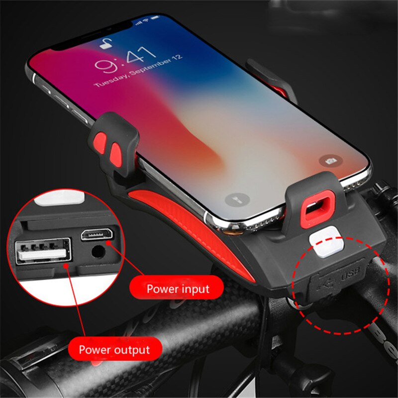 4-i-1 Cykelgadgets – Telefonholder, Powerbank, LED Belysning og Klaxon