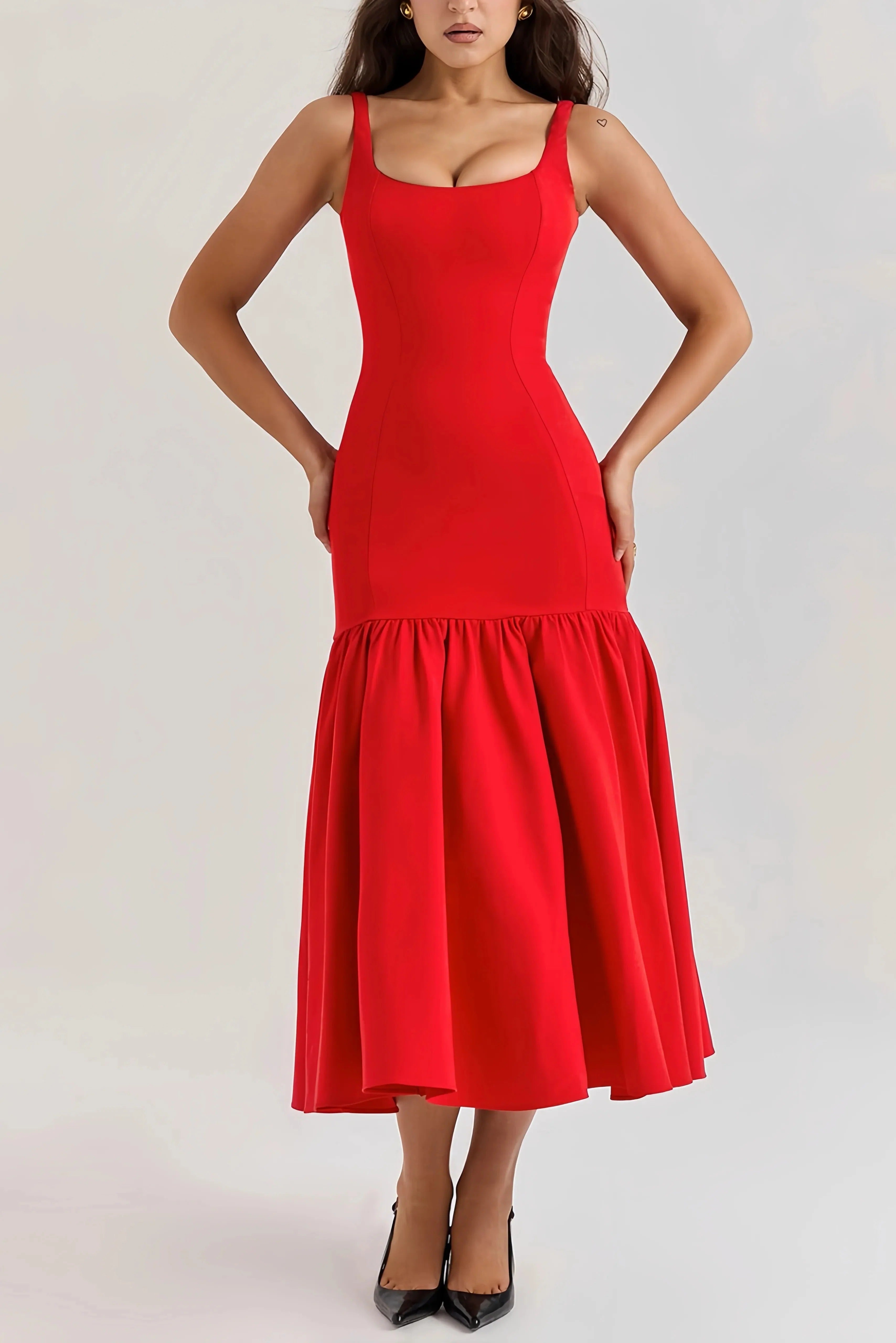 Midi Kjole Uden Ærmer med Volanger til Kvinder | Ideel til Særlige Anledninger eller Hverdagen