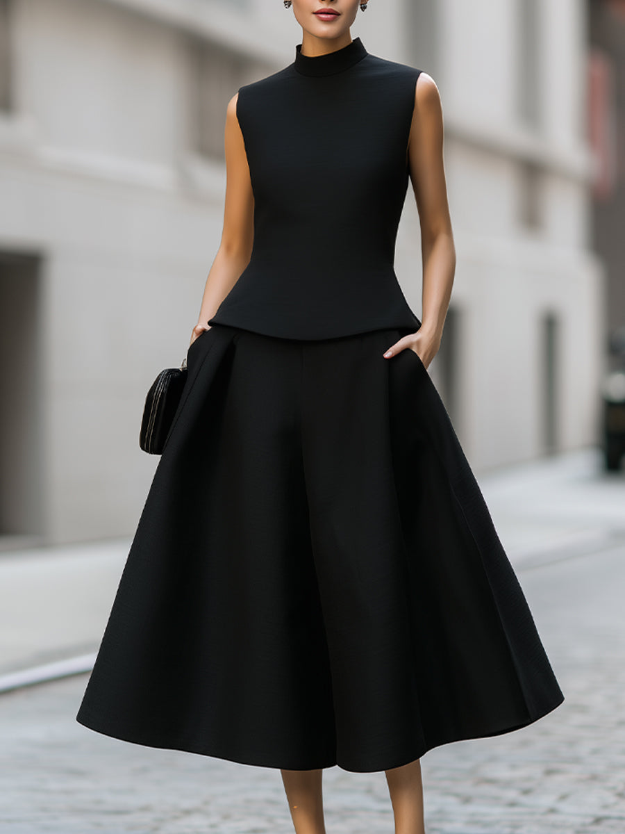 Ærmeløs Mock Neck Top Og A-Line Midi Nederdel Sæt