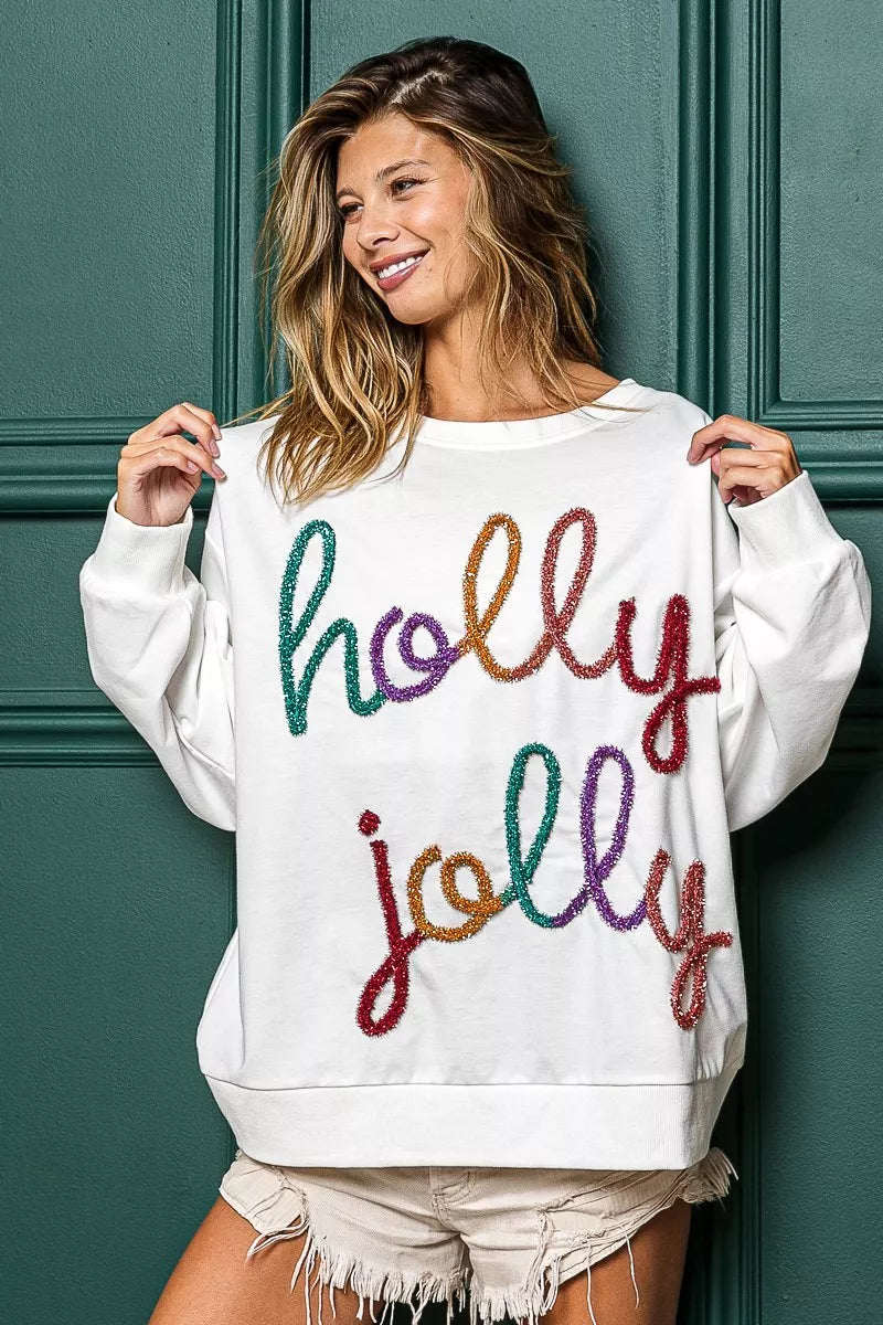Hvid “Holly Jolly” Paillet Skrift Jul Sweatshirt