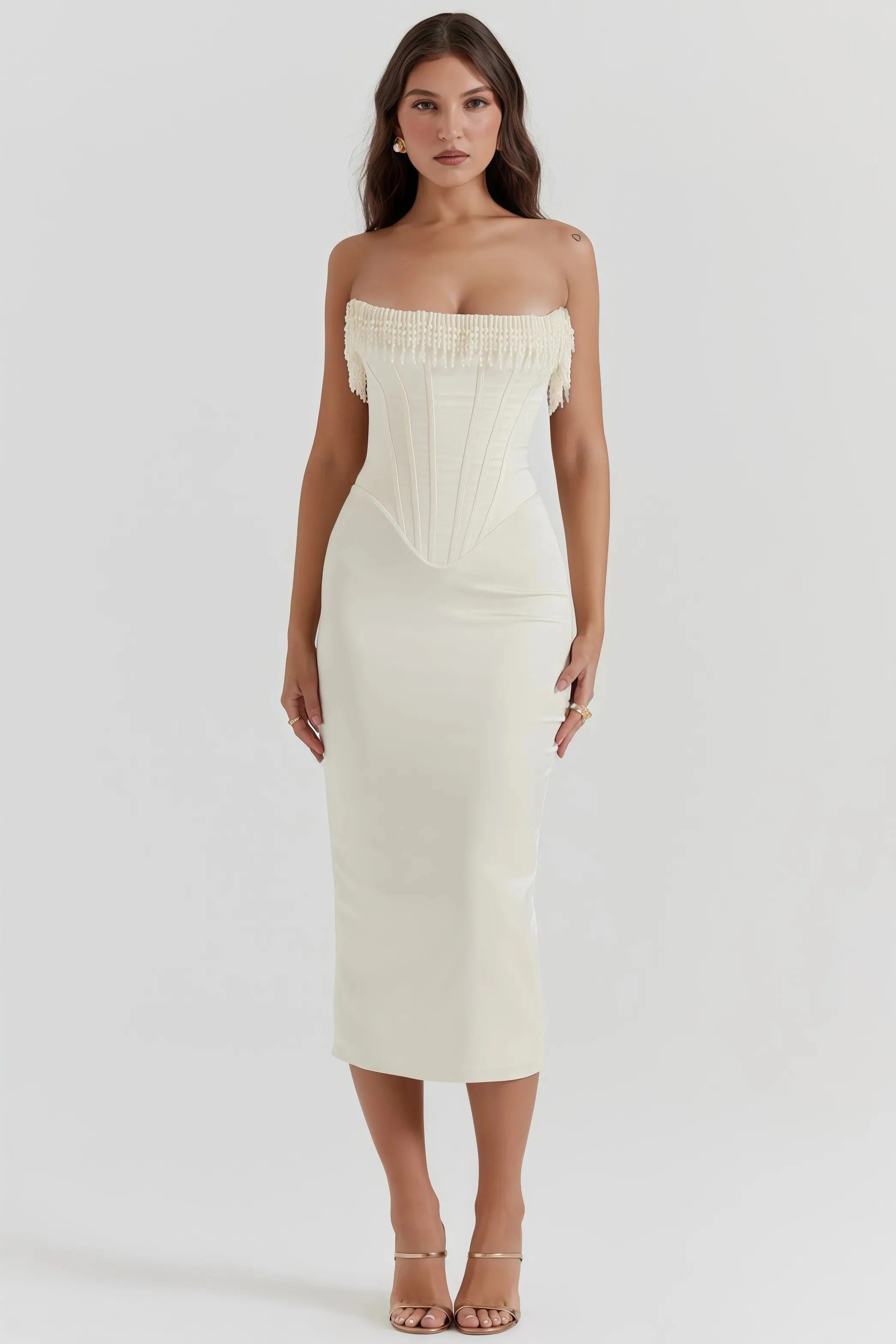 Midi Kjole Uden Stropper i Cremefarve til Kvinder | Ideel til Sommeren eller Begivenheder